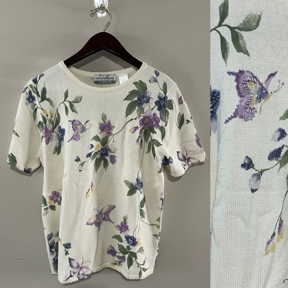 Vintage Butterfly Floral Alfred Dunner Beaded Short Sleeve Womens Top (0947)